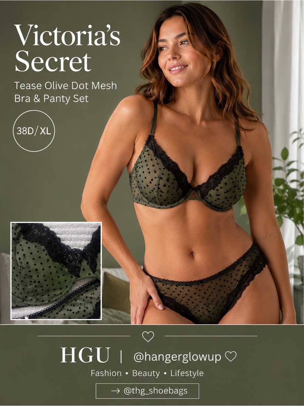 Victoria’s Secret Tease Olive Green Dot Mesh Lace Bra & Panty Set 38D/XL NWT